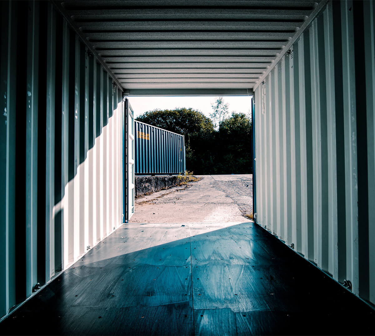 Inside a 20ft container storage unit with 24-hour drive-up access